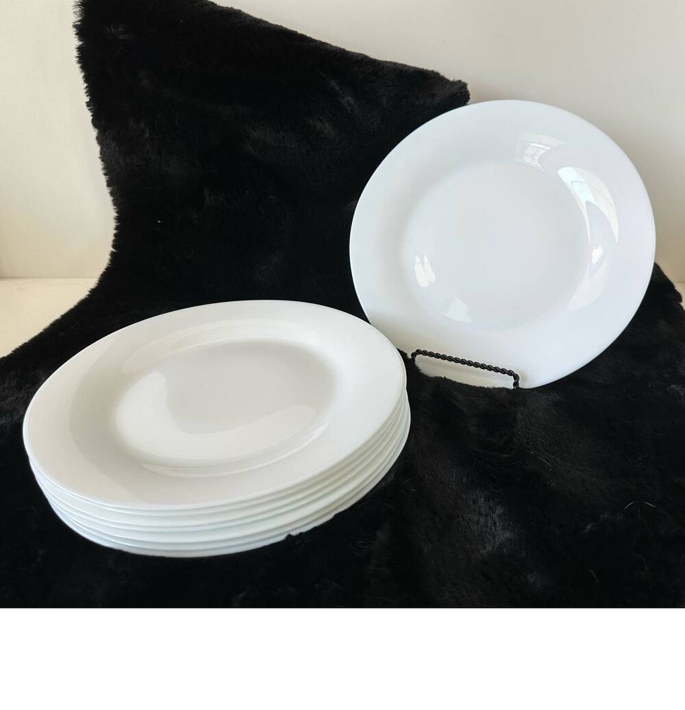 Dinner plates, luncheon plates, glass solid white, wide rim, set of 8